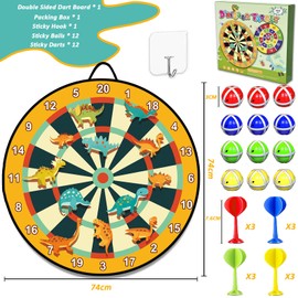 DQMOON 29 Inches Large Dart Board Set for Kids Toys, Double Sided Dinosaur Dartboard with 12 Sticky Balls 12 Darts, Indoor Outdoor Party Games Toys for 3 4 5 6 7 8 9 10 11 12 Year Old Boys Girls Gifts