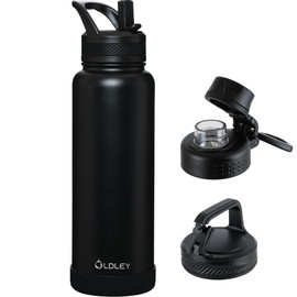 OLDLEY 40 oz Insulated Water Bottle With Straw, Stainless Steel Sports Water Cup Flask with 3 Lids(Straw, Spout and Handle Lid) Double Walled Travel Thermal Canteen Mug,Black
