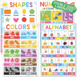 BEAWART Laminated Colorful Educational Posters for Toddlers 1-3 (Pack 4),16"x24", ABC Alphabet Poster, Color Shape Number Chart for Classroom Decor, Learning Posters for Preschoolers, Homeschool Supplies