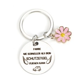 Key Ring for Women, Round Metal Decoration with Motivational Safety Driver Saying and Beautiful Flower Pendant, Perfect Small Gifts for Good Friends, Birthday Gifts, silver