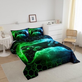 Feelyou Kids Boys Green Gamer Bedding Set Twin Size, Honeycomb Gaming Comforter Set Lightning Gamepad Comforter Game Room Decor Duvet Set with 1 Pillow Case Decor Quilt Set Bedding Collection
