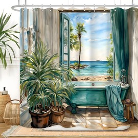 Vengaot Summer Teal Blue Sea View Shower Curtains 72Wx72L Inch Ocean Bathtub Scenes Hawaii Beach Bathroom Accessories Set Landscape Coastal Beachy Waterproof Polyester Fabric Decor 12 Plastic Hooks