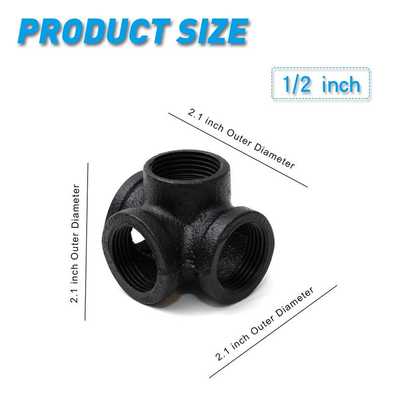 1/2" Black 4-Way Side Outlet Tee, Home TZH 10-Pack Threaded