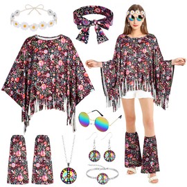 AOOWU Hippie Costume Accessories Set, 9 Pcs 70s Fancy Dress Women Disco Hippie Costume Outfits, Hippie Clothing Set with Hippie Cape Legs Sleeves Headband Sunglasses Earrings