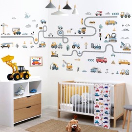 decalmile Vehicles Road Transportation Wall Stickers Construction Cars Wall Decals Boy Bedroom Teenagers Playroom Wall Decor