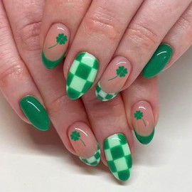 IMRAIN St. Patrick's Day Press on Nails Green French Tips Fake Nails with Cute Clover & Check Designs Short Oval Acrylic False Nails Full Cover Round Glossy Glue on Nails for Women Girls 24Pcs
