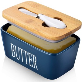 Butter Dish with Lid, Home Decor, Large Butter Dish for Countertop Ceramic Butter Keeper Container with Knife and High-Quality Silicone Sealing Good Kitchen Gift Blue
