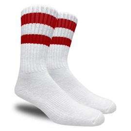 Running Mate Men's Stripe Crew Socks - 3 Pairs (White w/Red Stripes)