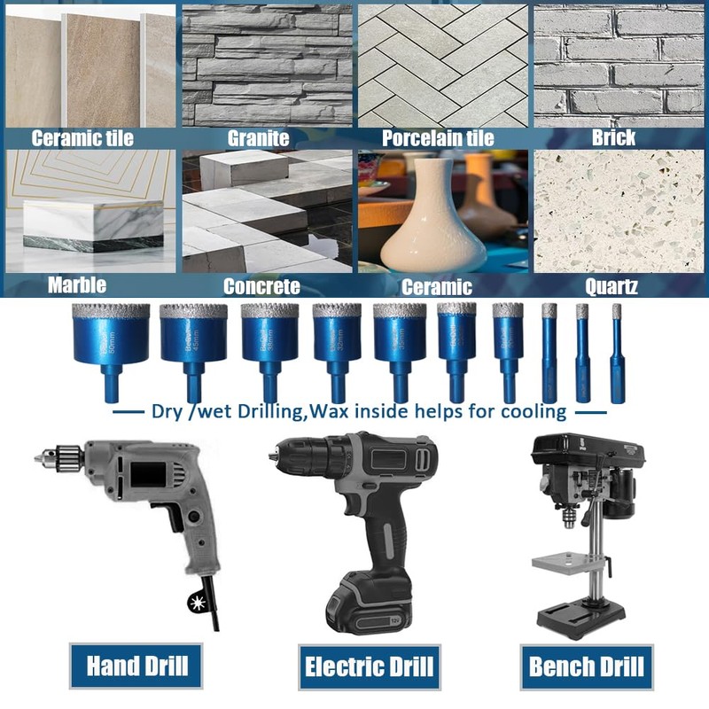 Tile Hole Saw Kit Diamond,BeQell 10pcs Diamond Core Drill Bits