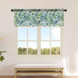 Funnywall88 Green Tropical Leaves Sheer Curtain Valances for Kitchen Windows, Summer Country Style Chiffon Window Treatments Rod Pocket Short Topper Valance for Living Room Bathroom 54x18 Inch