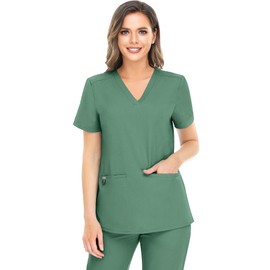 COMENII Scrubs for Women, 3 Pocket V-Neck Tailored Fit Workwear, Anti-Wrinkle Medical Scrub Tops Women, Moss, Medium