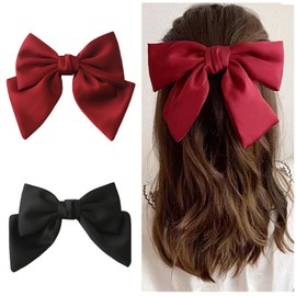 Bow Hair Clip, Satin French Bow Hair Clips for Women, Solid Bow Hair Clips Hair Barrette with Long Ribbon, Silky Hair Bows Big Bowknot, Simple Girls Hair Accessories (Black+Red)