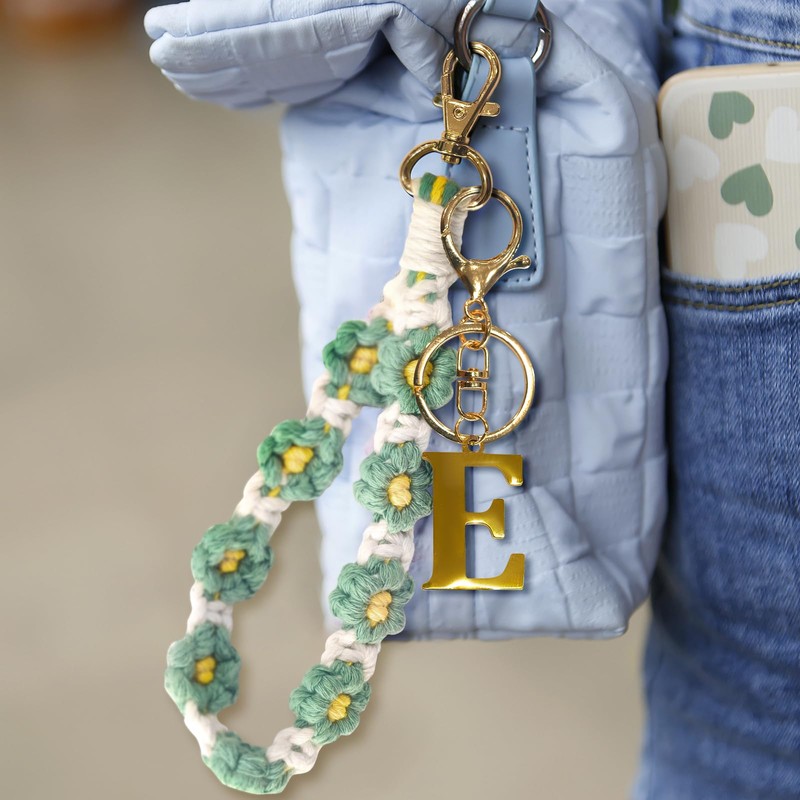 Letter A-Z Keychain, Handmade Macrame Wristlet Keychain, Metal Alphabet Initial