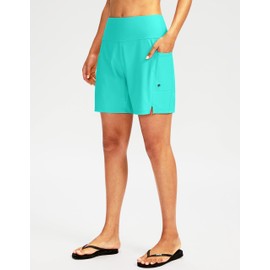 G Gradual Women's 7" Long Swim Board Shorts High Waisted Quick Dry Beach Swimming Shorts for Women with Liner Pockets(Cyan,L)