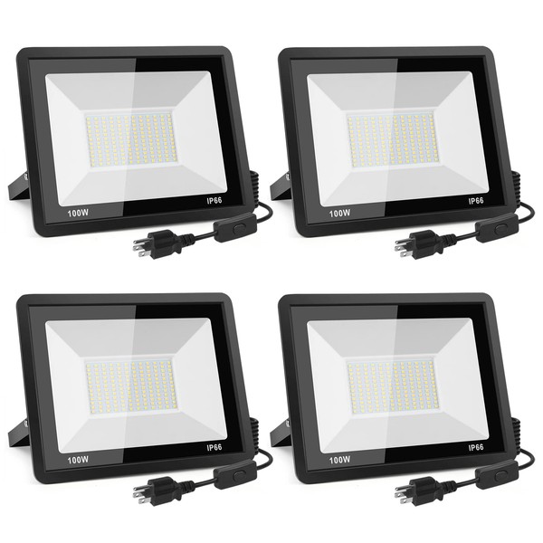 4-Pack 100W LED Flood Light Outdoor,10000LM LED Work Light with Plug and Switch,IP66 Waterproof Exterior Security Lights,5000K Daylight White Outdoor Floodlights for Yard,Garden,Playground,Stadium.