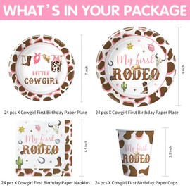 Suhelkit My First Rodeo Birthday Party Supplies Girl, Wild West Western Cowgirl 1st Birthday Decorations Tableware, Plate, Cup, Napkin, Tablecloth, Disposable Cutlery, Serves 24
