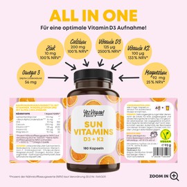 Vitamin D3 K2 Omega 3 + Calcium Magnesium and Zinc - 180 Capsules 5000 IU - Vitamin D High Dose - O3-D3-K2 (Pack of 1)