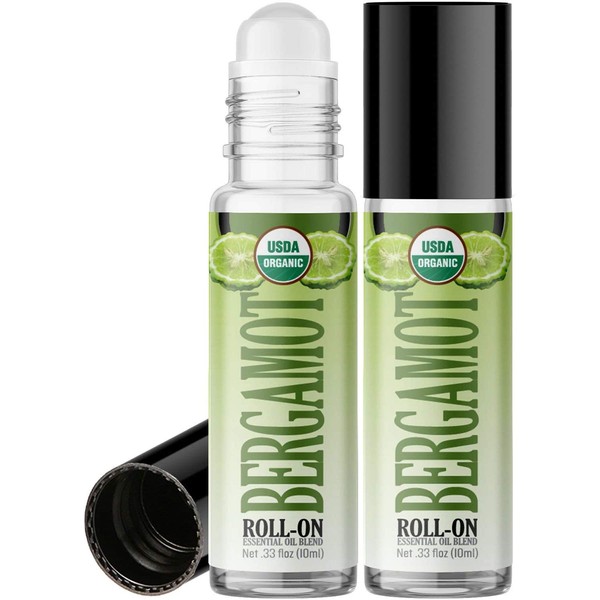 Organic Bergamot Roll On Essential Oil Rollerball (2 Pack - USDA Certified Organic) Pre-diluted with Glass Roller Ball for Aromatherapy, Kids, Children, Adults Topical Skin Application - 10ml Bottle