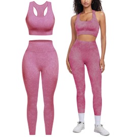 OLCHEE Womens Workout Sets 2 Piece - Acid Wash Seamless Yoga Outfits High Waist Leggings Padded Racerback Sports Bra Gym Set - Pink Large