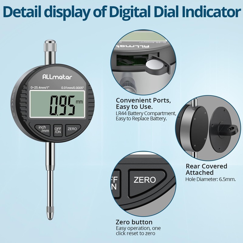 ALLmeter DTI Digital Dial Test Indicator, 0.01mm/0.0005" Resolution, 0-25.4mm/1" Measuring