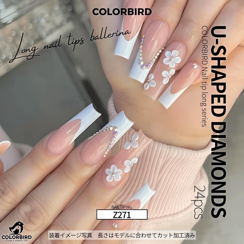 COLORBIRD Z271 Long Nail Tips, 24 Pieces, White, Flowers, Nail