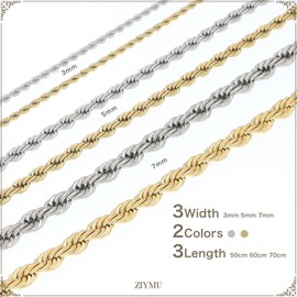 ZIYMU N03 Necklace, French Rope Chain, Surgical Stainless Steel 316L, Width 0.12, 0.2, 0.2, 0.2, 0.3 inches (3 mm), 0.2 inches (5 mm), 0.2 inches (7 mm), Length 19.7 inches (50 cm), 23.6 inches (60,