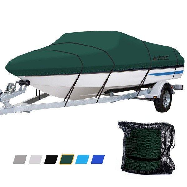 Leader Accessories Solution Dyed Waterproof Trailerable Runabout Boat Cover, Full Size (Forest Green, Model D: 17'-19'L Beam Width up to 96'')
