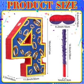 16 Inch Number 4 Blue and Golden Rings Pinata for Birthday Party Decorations, Blue Golden 4th Birthday Party Favor Supplies Fiesta Anniversary Celebration Birthday Pinata with Stick Blindfold Confetti