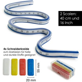 OfficeTree Flexible Curve Ruler 40 cm - 16 Inch - Curve Ruler Dressmaking Supplies - Curve Ruler Flexible Sewing & Drawing with Perfect Tool - Flexible Ruler Including 4 x Chalk