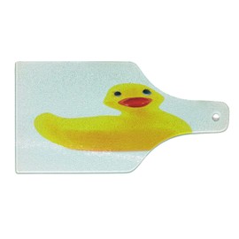 Ambesonne Rubber Duck Cutting Board, Yellow Squeak Ducky Toy Fun Bubble Bath Animal Room Duckling Print, Decorative Tempered Glass Cutting and Serving Board, Wine Bottle Shape, White and Yellow