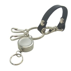 Highstyle Reel Key Tochigi Leather Key Chain, Made in Japan, Tochigi Leather & Reel Key & Double Hook Silver Color, Short Type, Loop Key Chain, silver/black