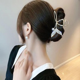 Rannyrena Gold Butterfly Metal Hair Claw Clips with Pearl Crystal Irregular Large Non-Slip Claw Clip Snake Hair Accessories for Women Thin Thick Hair (Crystal and Pearl Fishtail (Pack of 2))