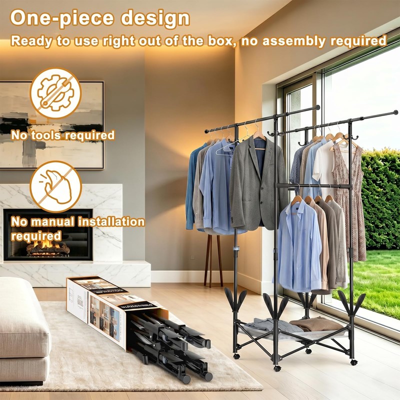 Portable Foldable Clothes Drying Rack - Adjustable Double Extendable Rods