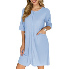 Ekouaer Zip Up Robes for Women Short Waffle Bathrobe Lightweight Knee Length Housecoat with Pockets Nightgown(Light Blue)