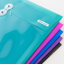 BAZIC Poly Envelope Binder Pocket Folder, 3 Hole Punched, Clear Letter A4 Size Document Plastic File Folders Assorted Colors (5/Pack), 12-Packs