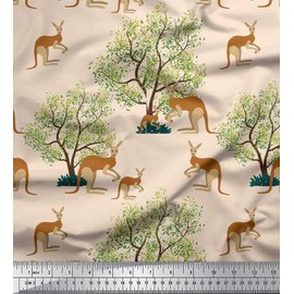 Soimoi White Velvet Fabric Tree & Kangaroo Animal Print Fabric by Yard 58 Inch Wide