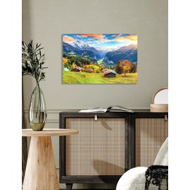 DECORARTS - Village of Wengen Switzerland, Green Rolling Hills Autumn Landscape, Giclee Print on Acid Free Cotton Canvas, Wall Art for Home Decor Size: 24 x 16 x 1.5 in