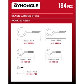 MYHongLe Pack of 184 Screw Hooks, Ceiling Hooks, Hook Screws with Wood Thread, Metal Screw Hooks with Thread Screw Hooks for Hanging Plants, Tea Cups, Keys (184)