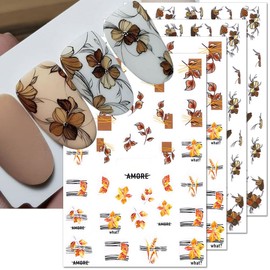 4 Sheets 3D Fall Nail Stickers for Women Autumn Leaf Flower Nail Art Stickers Fallen Leaves Nail Decals Geometric Line Leaf Designs Nails Sticker Nails Supplies Nail Accessories