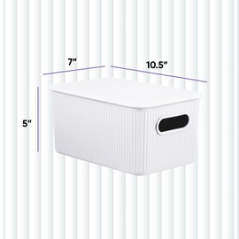 Superio Ribbed Collection - Decorative Plastic Lidded Home Storage Bins Organizer Baskets, Medium White (2 Pack - 5 Liter) Stackable Container Box, for Organizing Closet Shelves Drawer Shelf