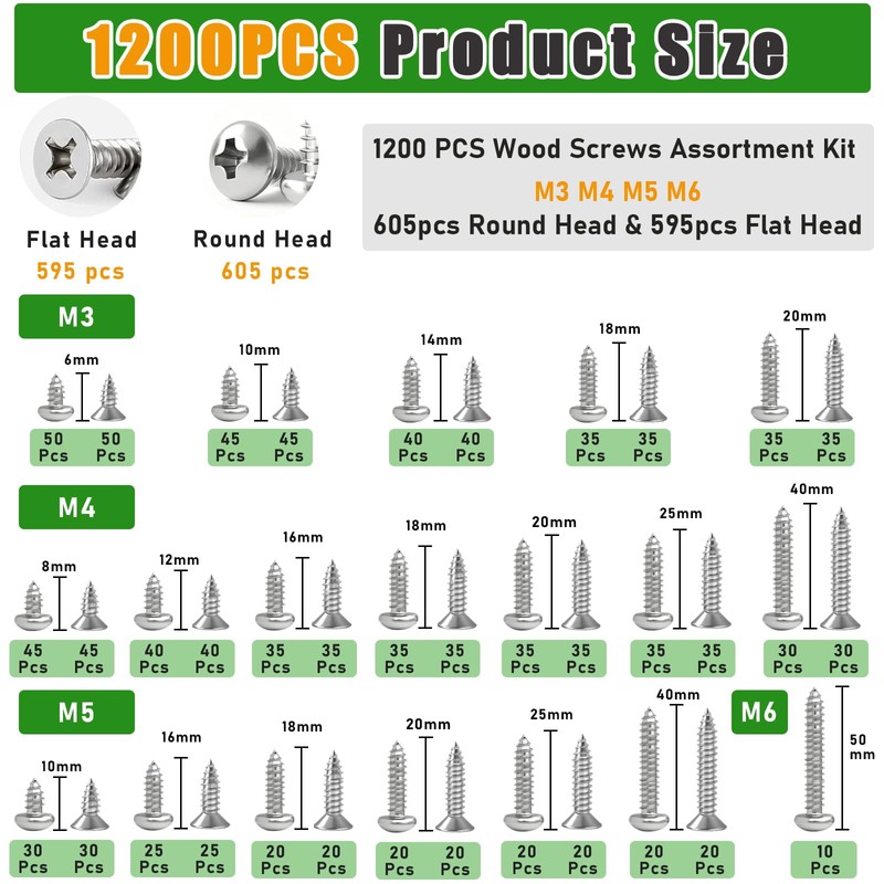 1200 PCS Stainless Steel Wood Screws Assortment Kit,Self Tapping Screws