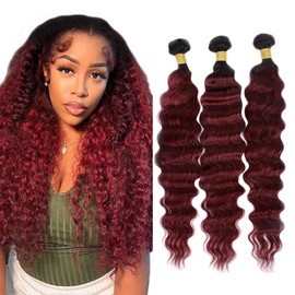 Burgundy Deep Wave Human Hair Bundles 1B99J Ombre Bundle 24 26 28 Inch Red Loose Deep Wave Bundles Human Hair Unprocessed Brazilian Remy Hair Extensions Quick Weave