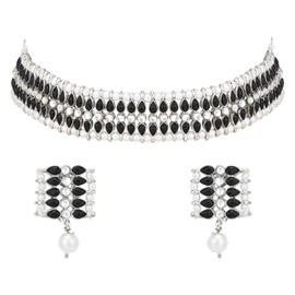 I Jewels Silver Plated Indian Wedding Bollywood Pearl & Kundan Studded Choker Necklace Jewellery Set For Women (K7209ZG), No Gemstone
