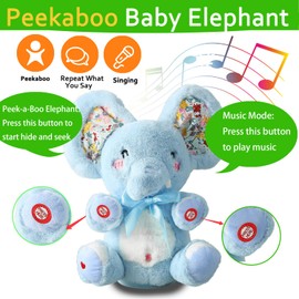 HCdoujoy Baby Blue Peek A Boo Elephant Plush Stuffed Singing Elephant, Repeat What You Say, Musical for Toddler with Moving Ear, Singing Talking Stuffed Animal Baby Toy for Boy Girl