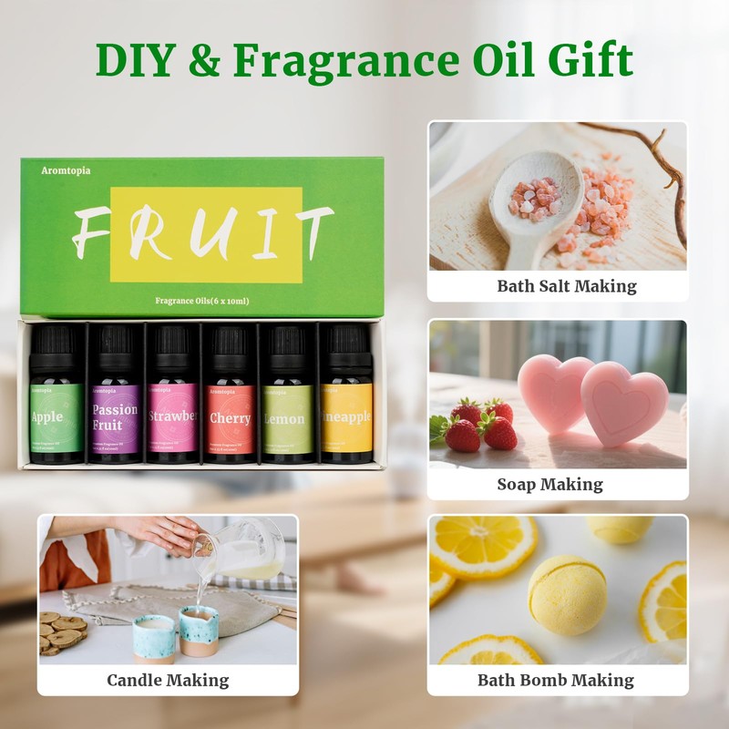 Fruit Fragrance Oils, 6x10ml Summer Essential Diffuser Oils Set, Aromtopia