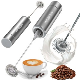 VOMELON Milk Frother, Handheld Battery Operated Frother for Coffee,Portable Drink Mixer with 2 Stainless Steel Whisk Heads, Milk Foamer for Keto Coffee, Latte, Cappuccino, Hot Chocolate, Silver