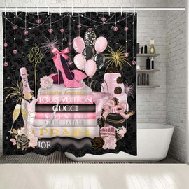 MULTIC Fashion Shower Curtain, Pink and Black Luxury Shower Curtains Girly Floral Shower Curtains Waterproof Polyester Fabric for Bathroom Decor with 12 Hooks, 72 x 72 Inches