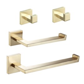 Beelee BA203BG-4 Bathroom Accessory Set, Gold Hardware Set - Towel Rail + Toilet Roll Holder + 2 Pack Towel Hooks, SUS Stainless Steel, Wall Mounted
