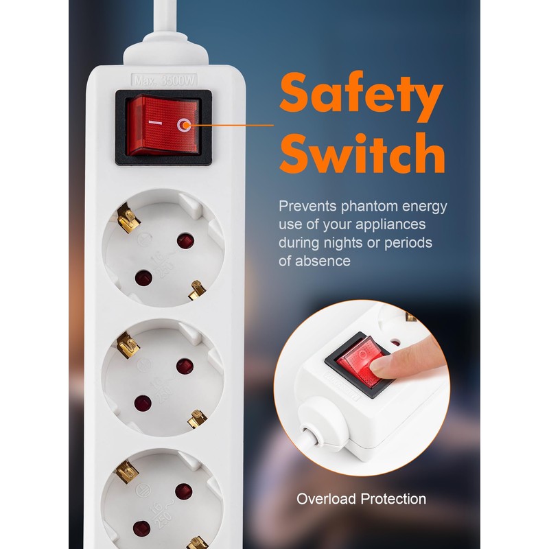 GRIFEMA Power Strip 5-Way Multiple Socket with Switch, 3500 W,