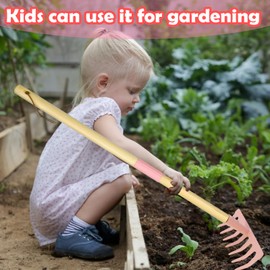 Xifando Kids Garden Lawn Tine Rake-Small Lawn Heavy Rake with Metal Tines, 28.8 inches/73cm Length, Wooden Handle, for Kids Garden Labor (Pink)